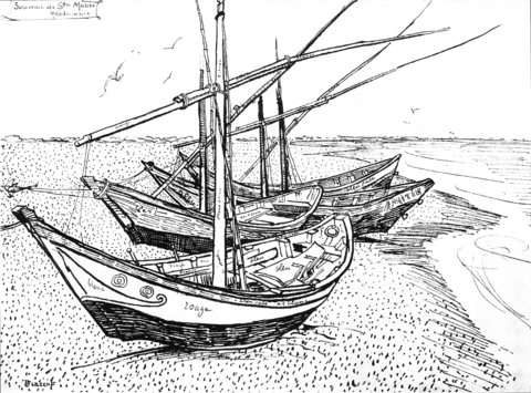 Fishing Boats On The Beach At Les Saintes Maries De La Mer By Van Gogh Coloring Page